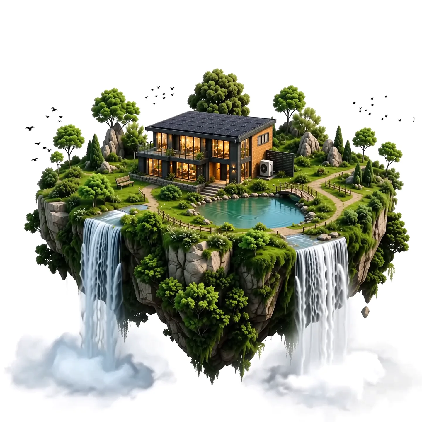 A floating island carrying an efficient home — solar roof, heat-pump system, waterfalls