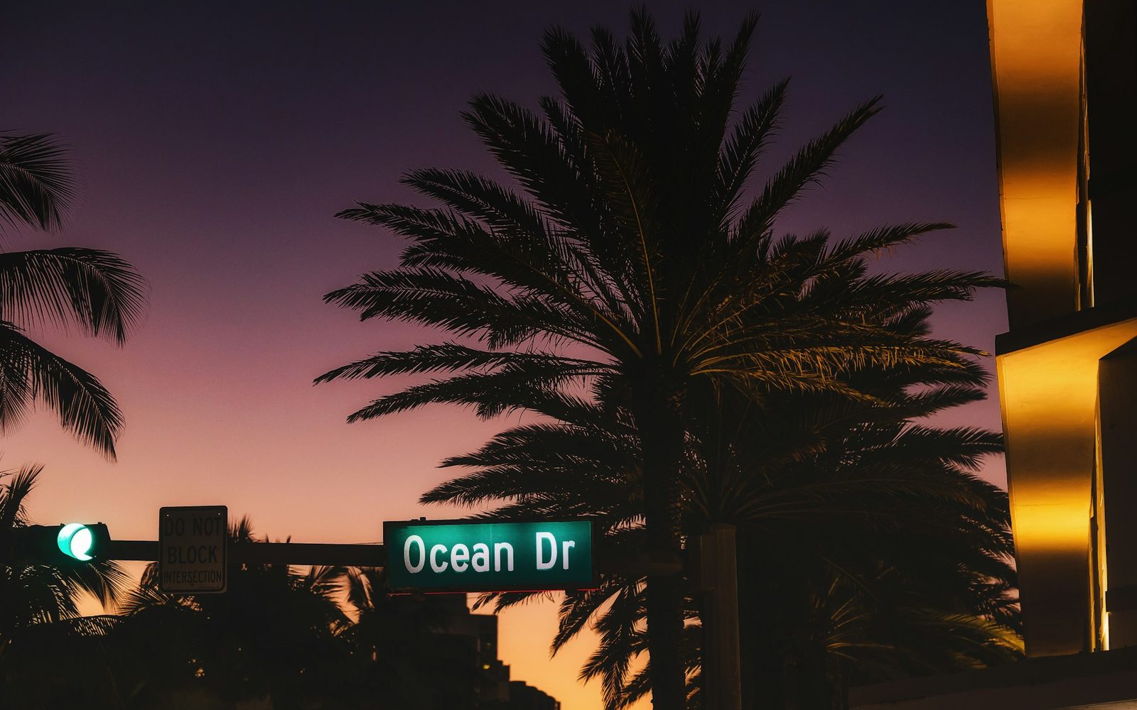 Ocean Drive sign and palm trees at dusk in Miami Beach