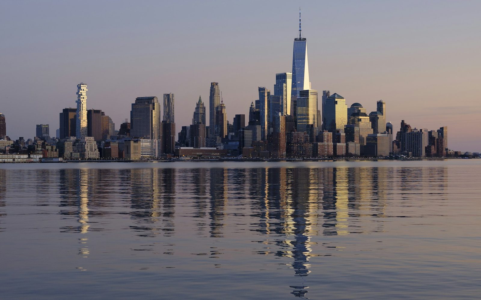 The lower Manhattan skyline seen across the Hudson from the Jersey City waterfront