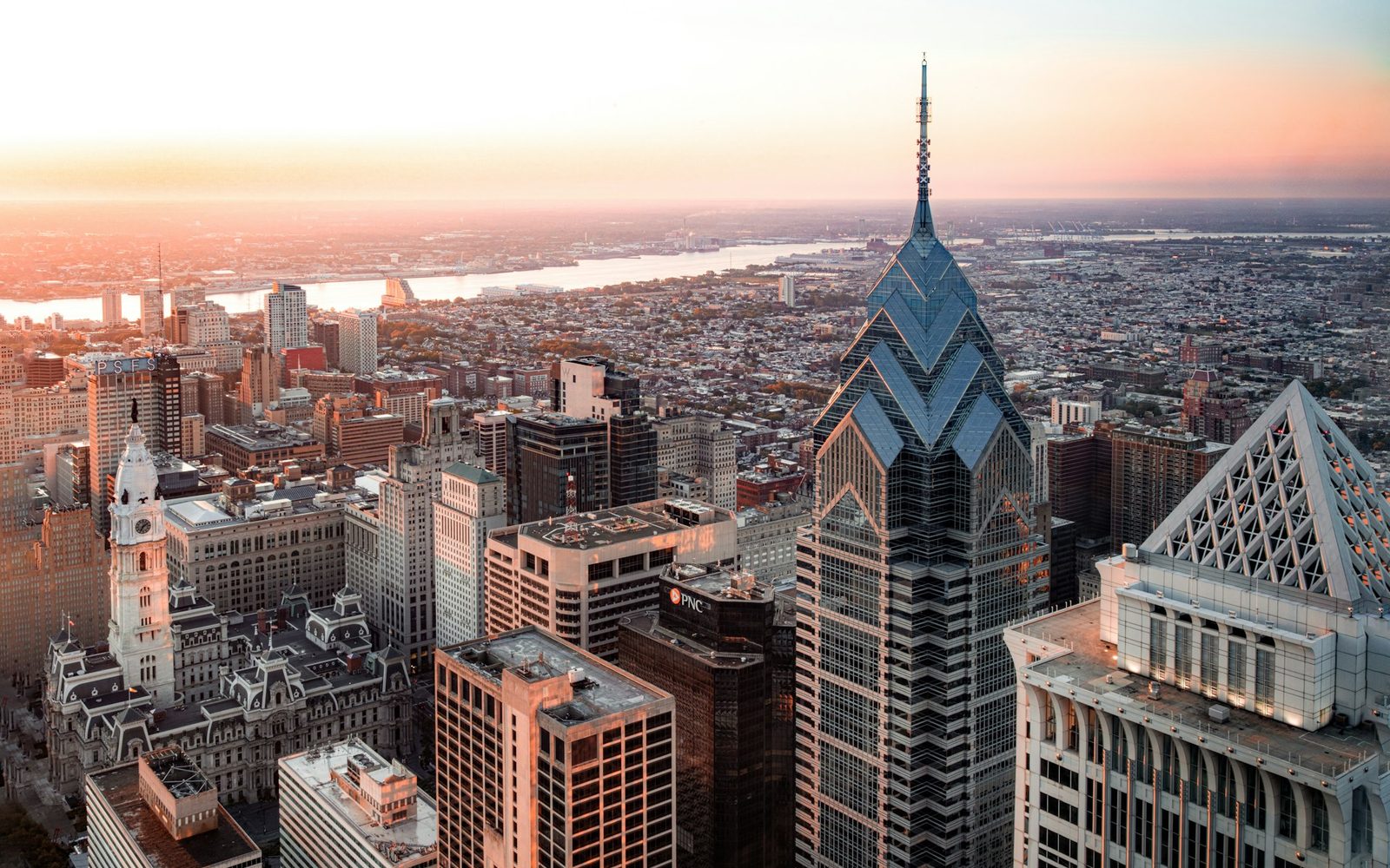 Aerial view of the Philadelphia skyline at sunset