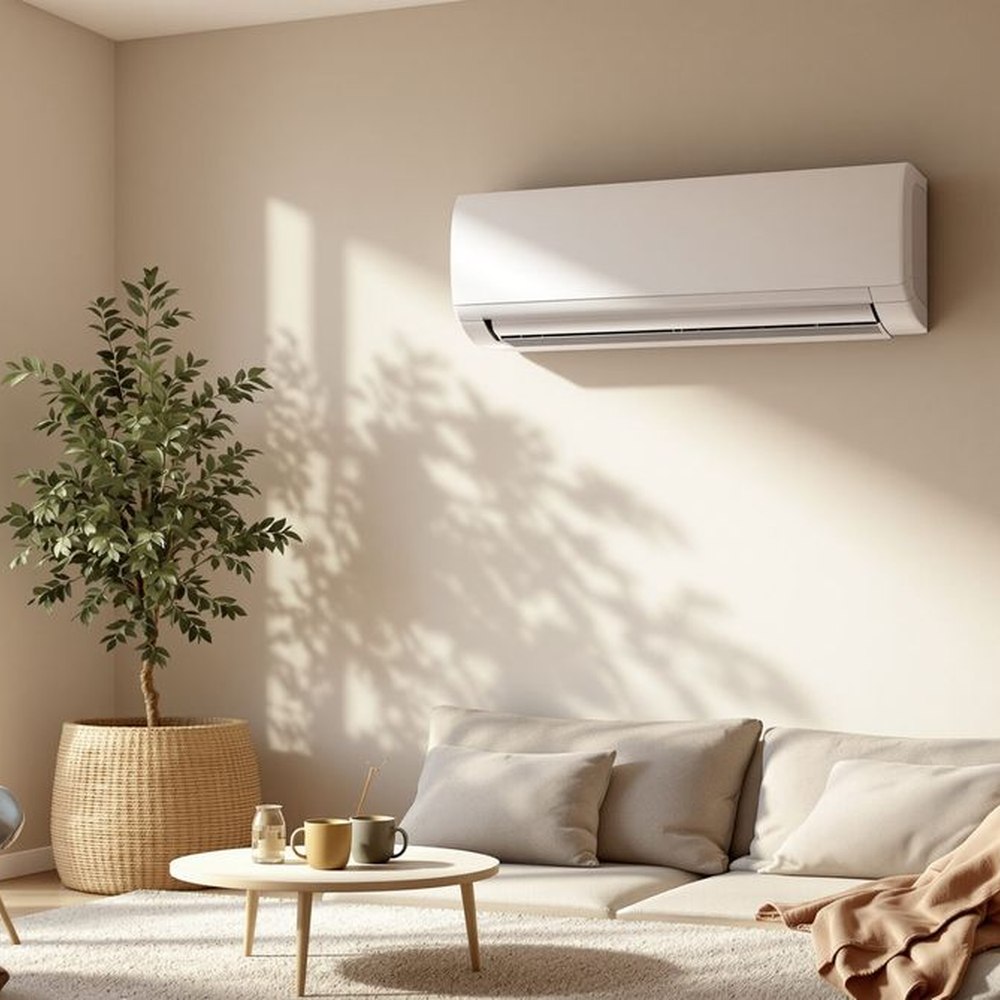 Sunlit living room with a wall-mounted high-efficiency heat-pump unit quietly conditioning the space
