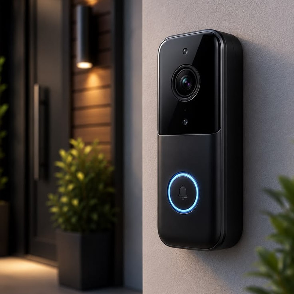 Smart video doorbell mounted beside a modern front entry at dusk