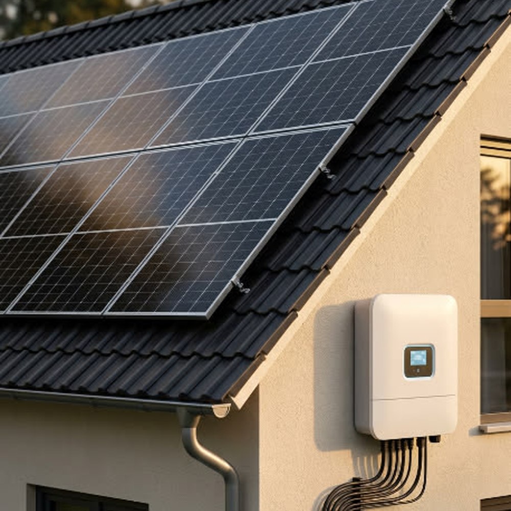 Solar array on a home roof wired to a wall-mounted inverter
